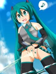 boots hatsune_miku needs_tags panties panties_around_leg panties_down peeing pubic_hair pussy pussy_juice skirt_up tagme toro_r18 urination urine urine_stream vocaloid