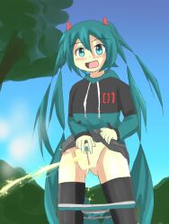 boots hatsune_miku needs_tags panties panties_around_leg panties_down peeing pubic_hair pussy pussy_juice skirt_up tagme toro_r18 urination urine urine_stream vocaloid