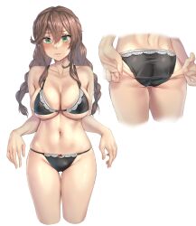 ass black_bra black_panties blush bra braid breasts brown_hair closed_mouth collarbone cropped_legs female green_eyes groin hair_between_eyes highres kantai_collection kokuzou large_breasts long_hair multiple_views navel noshiro_(kantai_collection) panties sidelocks simple_background swimsuit twin_braids underwear white_background