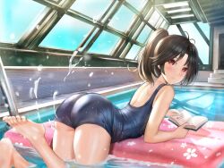 1girls ass atai_(artist) bangs bare_arms bare_shoulders barefoot black_hair blue_one-piece_swimsuit blush book closed_mouth feet female female_focus female_only from_behind illusion_connect in_water indoors light-skinned_female long_hair looking_at_viewer looking_back lying lying_on_stomach maki_(illusion_connect) on_stomach one-piece_swimsuit pale-skinned_female parted_bangs ponytail pool red_eyes rei_no_pool school_swimsuit solo solo_female solo_focus swimsuit that_pool thighs toes water