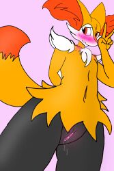 absurd_res animal_humanoid anthro blush bodily_fluids braixen breasts canid canine clitoris clothing digital_media_(artwork) embarrassed female fur generation_6_pokemon genital_fluids genitals hair hi_res humanoid inner_ear_fluff legwear lixten16 mammal nintendo nipples nude pokémon_(species) pokemon pokemon_(species) pussy simple_background smile solo thick_thighs tuft video_games wide_hips yellow_body yellow_fur