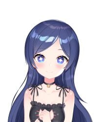 1girls bell bell_choker black_bra black_lingerie blue_eyes blue_hair bra breasts cat_bell cat_keyhole_bra cat_keyhole_lingerie cat_lingerie choker earrings lingerie long_hair looking_at_viewer medium_breasts topu