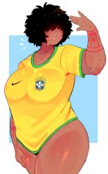 1girls big_breasts black_hair blaze_(hanaarts) body_markings brazilian breasts clothed clothing dark-skinned_female dark_skin eyes_hidden female female_only hair_over_eyes hanaarts hi_res latina medium_hair soccer_uniform solo thick_thighs tomboy topwear