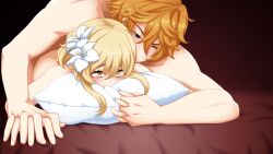 1boy 1boy1girl 1girls ambiguous_penetration blonde_hair blue_eyes childe_(genshin_impact) doggy_style female flower_in_hair genshin_impact guy_on_top incognigoat light-skinned_female light-skinned_male light_skin lumine_(genshin_impact) male orange_hair pillow straight tartaglia_(genshin_impact) yellow_eyes