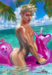 1boy alam_wernik ass blonde_hair caucasian caucasian_male floatie gay gay_pornstar looking_at_viewer male male_focus male_only muscles muscular muscular_male nude onlyfans_model outdoors outside pool porn_star real_person solo solo_male twink zane_nox