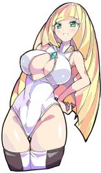 1girls alternate_breast_size blonde_hair breasts cleavage enpe female game_freak green_eyes hand_on_hip highleg_leotard hips large_breasts leotard long_hair lusamine_(pokemon) mature_female milf mother nintendo pokemon pokemon_sm slim_waist smile thick_thighs thighs white_leotard wide_hips