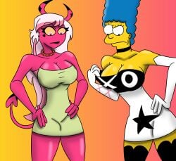 2girls big_breasts boots breasts crossover female gloves helluva_boss lipstick marge_simpson reaper2545 succubus tagme the_simpsons verosika_mayday_(helluva_boss) yuri