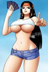 1girls big_breasts black_hair blue_eyes boa_hancock breasts busty card_(medium) curvy denim denim_shorts female female_only headband iury_padilha large_breasts legs long_black_hair long_hair looking_at_viewer midriff navel one_piece pointing shorts solo thighs underboob