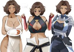 1girls 2022 apron apron_only boob_window breasts brown_eyes brown_hair class_change cleavage cosplay dark-skinned_female dark_skin huge_breasts icoo matching_hair/eyes mature_female midriff milf monica_(xenoblade) monica_vandham naked_apron outfit_swap short_hair simple_background white_background xenoblade_(series) xenoblade_chronicles_3