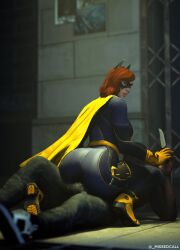 1boy 1girls 3d ass ass_focus barbara_gordon batgirl batgirl_(gotham_knights) batman_(series) big_ass bulge bulge_through_clothing dark-skinned_male dark_skin dc dc_comics gotham_knights interracial knife missed_call red_hair surprised tagme