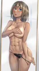 abs black_panties blue_eyes blush breasts brown_hair censored cleavage collarbone cowboy_shot female hair_between_eyes hair_ornament highres kantai_collection kokuzou large_breasts maya_(kantai_collection) mirror mirror_image navel open_mouth panties short_hair shy_expression solo tan tanlines underwear underwear_only x_hair_ornament