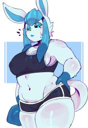 1girls anthro anthrofied aqua_eyes black_sclera breasts clothed clothing eeveelution female female_only fur furry furry_only glaceon hanaarts hi_res light_blush looking_at_viewer narrowed_eyes nintendo nipple_bulge pokémon_(species) pokemon pokemorph slightly_chubby smirk solo sportswear tail thick_thighs white_background