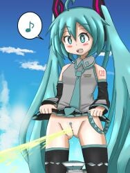 boots hatsune_miku needs_tags panties panties_around_leg panties_down peeing pubic_hair pussy pussy_juice skirt_up tagme toro_r18 urination urine urine_stream vocaloid