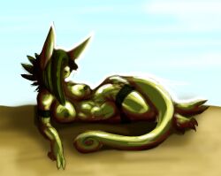 abs aiden_(gekko) anthro black_markings breasts digital_media_(artwork) eyes_obscured female gekk0 green_body green_skin lizard lying markings muscular muscular_anthro muscular_female nipples non-mammal_breasts on_side reptile scalie solo