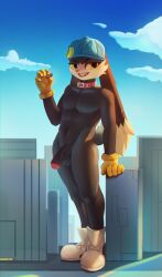 2022 absurd_res anthro balls bandai_namco belt black_body black_fur building city collar domestic_cat felid feline felis floppy_ears fur genitals hi_res klonoa klonoa_(series) macro male male_only mammal open_mouth penis skyscraper ti-suger video_games