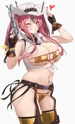 azur_lane big_breasts bremerton_(azur_lane) chaps chela77 cleavage cleavage_cutout cowboy_hat gun looking_at_viewer panties pink_eyes pink_hair pistol revolver skimpy thick_thighs thighhighs thong