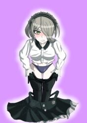 alternate_version_available blush danganronpa danganronpa_v3 dress_down embarrassed female_only hair_over_one_eye maid maid_uniform panties straight_hair thighs toujou_kirumi undressing