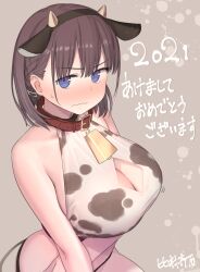 ai-chan_(tawawa) bangs big_breasts blue_eyes blush brown_hair cleavage cow_ears cow_girl cow_print getsuyoubi_no_tawawa himura_kiseki