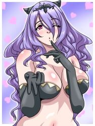 1girls ;o blowing_kiss bra breasts camilla_(fire_emblem) elbow_gloves female female_only fire_emblem fire_emblem_fates gesture gloves hair_over_one_eye inabakun00 large_breasts long_hair looking_at_viewer nintendo pink_eyes purple_hair solo underwear very_long_hair wink