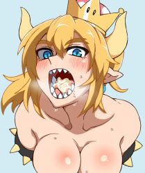 1girls 2021 blonde_hair blue_eyes bowsette breasts cleavage cum cum_in_mouth female female_only large_breasts looking_at_viewer mantan mario_(series) new_super_mario_bros._u_deluxe nintendo open_mouth pubic_hair_in_mouth pubic_hair_on_face semen_in_mouth sharp_teeth solo stray_pubic_hair