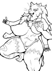 absurd_res anthro big_nipples bikini bikini_bottom braided_hair clothed clothing eye_patch eyewear felid female furry groping_self hair hi_res jaguar kori-nio lifewonders long_hair mammal muscular_legs navel nipples pantherine rule_63 smile solo swimwear tezcatlipoca tokyo_afterschool_summoners topless topless_female touching_breast video_games