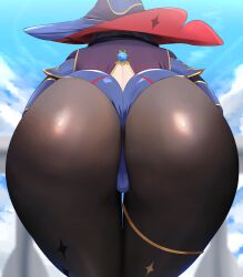 1girls absurd_res ass ass_focus ass_shot back back_view backless_outfit black_hair bubble_butt clothed clothed_female facesitting_pov female genshin_impact hat hi_res highleg_leotard hips huge_ass large_hat leotard mona_(genshin_impact) outdoors sana!rpg thick_thighs thighs tights twintails wide_hips witch_hat