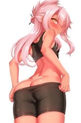 1girls ass blush breasts brown_skin chloe_von_einzbern dark-skinned_female dark_skin fate/grand_order fate/kaleid_liner_prisma_illya fate_(series) female female_only large_ass long_hair no_panties petite pink_hair rear_view short_shorts shorts small_breasts sportswear sweat sweaty_body undressing zirba