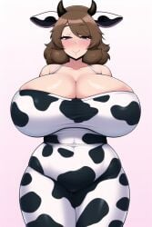 1girls ai_generated arms_behind_back big_breasts blue_eyes blush blush_lines breasts brown_hair cleavage cow_horns cow_print cowbell cropped_legs dress eyebrows_visible_through_hair eyelashes female female_focus female_only gradient_background horns huge_breasts legs_together light-skinned_female light_skin looking_at_viewer lowres medium_hair milf nai_diffusion original_character png portrait shiny_hair shiny_skin skin_tight skindentation solo solo_female solo_focus stable_diffusion thick_thighs thighs tight_clothing top_heavy voluptuous walterlewis wide_hips