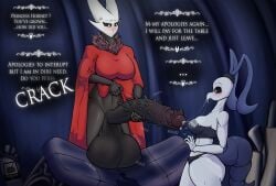 1futa 1girls anthro arthropod balls big_balls big_breasts big_penis black_body blush bodily_fluids bottomless breasts broken_table cape cloak clothed clothing detailed_background dialogue english_text female furniture futanari genital_fluids genitals gynomorph half-erect heavy_balls hi_res hollow_knight hornet_(hollow_knight) huge_balls huge_cock humanoid humanoid_genitalia humanoid_penis hyper hyper_balls hyper_genitalia hyper_penis intersex iselda_(hollow_knight) mostly_nude onomatopoeia partially_clothed penile_spines penis penis_awe piekiller piekiller5 poking_out precum pupils red_cape rule_63 size_difference sound_effects speech_bubble spiked_penis spikes spikes_(anatomy) table team_cherry text video_games white_pupils