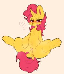 <3_eyes anthro anus bag_of_lewds belly blush blush_lines equid equine eyelashes female feral fur genitals hair heart horn horse humanoid_genitalia humanoid_pussy looking_at_viewer mammal pink_hair pink_tail pony presenting pussy solo spread_legs spreading tongue tongue_out unicorn yellow_body yellow_fur