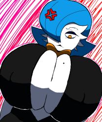 angry beauty_mark big_breasts black_dress black_lipstick blue_hair breasts breasts_bigger_than_head cleavage female_focus gabriella_(oofrowdy) gardevoir huge_breasts kuruman large_breasts lipstick milf mole nipples_visible_through_clothing oofrowdy orange_eyes original_artwork pokémon_(species) pokemon pokemon_(species) shiny_pokemon simple_background solo_female top_heavy