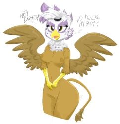 2019 anthro avian beak breasts brown_body brown_nipples chest_tuft dialogue digital_media_(artwork) eyelashes feathered_wings feathers female flutterthrash friendship_is_magic genitals gilda_(mlp) gryphon hair half-closed_eyes hasbro hi_res my_little_pony mythological_avian mythology narrowed_eyes navel nipples nude ponytail pussy simple_background spread_wings tuft white_background white_body white_feathers wings yellow_beak yellow_eyes