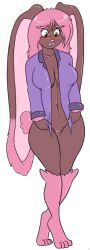 2016 4_toes 5_fingers amber_eyes anthro arm_tuft big_breasts blush bottomless bottomless_anthro bottomless_female breasts brown_body brown_fur clothed clothing embarrassed feet female fingers fur generation_4_pokemon genitals hair hindpaw humanoid_hands long_ears looking_down lopunny navel nintendo open_clothing open_shirt open_topwear paws pink_hair pink_nose png pokemon pokemon_(species) pokemorph pussy shiny_pokemon shirt skidd sleepwear solo standing survival_of_the_fittest tiffany_harkick toes topwear tuft video_games wrist_tuft