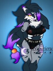 2022 anthro big_breasts breasts clothed clothing digital_media_(artwork) female fishnet fishnet_bottomwear fishnet_clothing fishnet_topwear fur generation_5_pokemon generation_7_pokemon genitals hair hi_res hybrid hybrid_pokemon looking_at_viewer lycanroc midnight_lycanroc nikorieru nintendo nipples one_eye_closed pokemon pokemon_(species) pussy simple_background smile solo topwear translucent translucent_clothing video_games white_body white_fur wink zoroark