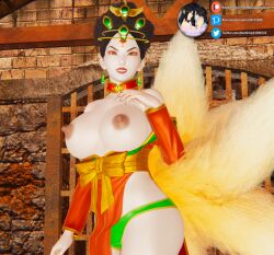 1girls 3d areolae asian_mythology breasts chinese_clothes chinese_mythology da_ji_(smite) deity east_asian_clothing female female_only fox_girl fox_tail goddess honey_select jewelry large_breasts nipples panties panties_aside pussy smite solo theobscureone vagina