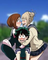 1boy 2girls 2girls1boy afraid anime_style bisexual blush boyfriend-girlfriend deku female fighting fighting_over_boy floonasif hero_outfit_(mha) himiko_toga hug izuku_midoriya male midoriya_izuku my_hero_academia ochako_uraraka ochako_uraraka_(hero_outfit) ot3 romantic scared threesome toga_himiko uraraka_ochako uraraka_ochako_(hero_outfit) wholesome