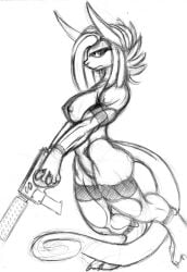 aiden_(gekko) anthro big_breasts breasts female gekk0 hi_res holding_object holding_weapon horn lizard muscular muscular_female nipples non-mammal_breasts reptile scalie side_view solo weapon