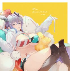 animal_ears bikini blue_eyes boots border breasts brown_footwear closed_mouth commission dog_ears female gradient_hair huge_breasts ikuchan_kaoru_(character) indie_virtual_youtuber knee_boots looking_at_viewer multicolored_hair navel o-ring o-ring_bikini o-ring_top purple_hair rabbit reclining sankomichi second-party_source skeb_commission solo swimsuit virtual_youtuber white_border yellow_background