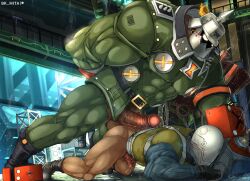 balls bara big_balls big_muscles big_penis bk_mita boner erection fully_clothed gay guilty_gear hand_behind_back helmet imminent_anal imminent_sex male male_only muscles muscular musk penis penis_size_difference potemkin precum ripped_clothing size_difference sweaty