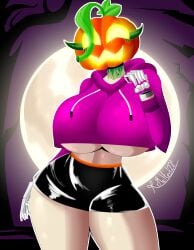 big_breasts latex mrmelted oc pumpkin pumpkin_head skeletal_hand thick_thighs undead underboob