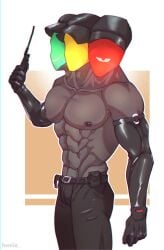 1boy 3_heads abs cap conjoined gloves hat headwear heniio looking_at_viewer male male_focus male_only multi_head muscles muscular muscular_male nipples object_head original_character pecs smile solo solo_focus traffic_light