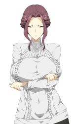 1girls arms_under_breasts bangs breasts closed_mouth covered_nipples crossed_arms female grey_eyes grey_sweater hair_up huge_breasts hukii looking_at_viewer mature_female milf mirelia_q_melromarc pantyhose photoshop_(medium) purple_hair queen royalty solo sweater tate_no_yuusha_no_nariagari turtleneck turtleneck_sweater white_background