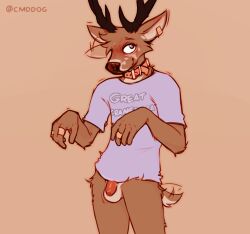 2022 anthro antlers balls band-aid bandage biped blush bottomless bottomless_anthro bottomless_male brown_body brown_fur cervid clothed clothing collar digital_media_(artwork) ear_twitch flaccid foreskin fur genitals horn lawyerdog male mammal panko_(lawyerdog) penis red_penis shirt simple_background small_penis solo tail_motion tailwag tan_background topwear unretracted_foreskin white_balls white_body white_fur