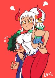 1boy 1girls angry big_breasts blue_hair blush breasts closed_eyes clothed clothing crossover cute earrings embarrassed female green_hair heavy_blush high_resolution highres horn horns izuku_midoriya long_hair looking_at_viewer luxidoro male my_hero_academia no_bra no_panties one_piece puffy_face revealing_clothes scared smaller_male sweat taller_girl thick_thighs watermark white_hair wholesome yamato_(one_piece) yellow_eyes