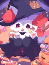 anthro anus black_body braixen candy clothing dessert female food generation_6_pokemon genitals halloween hat headgear headwear hi_res holding_object holidays looking_at_viewer nakimayo nintendo pawpads paws pokémon_(species) pokemon pokemon_(species) purple_body pussy red_eyes shiny_pokemon solo video_games witch_hat