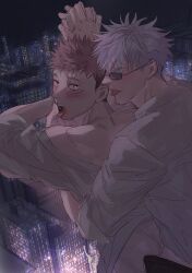 2boys against_window anal bangs black_pants blue_eyes blush brown_eyes ccccc_(jpn_m0) city couple facial_mark goyuu hand_grab highres indoors itadori_yuuji jujutsu_kaisen looking_over_eyewear looking_over_glasses looking_over_sunglasses multiple_boys open_mouth open_pants pants pink_hair satoru_gojo sex sex_from_behind shirt short_hair sunglasses tinted_eyewear tongue tongue_out undercut white_hair white_shirt window yaoi