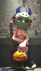 1girls 3d bat blue_eyes blue_hair candy costume dark_room dev_(freezerburn) devil_horns exposed_breasts female female_focus female_only freezerburnsfm halloween hockey_mask looking_at_viewer nintendo nude nude_female octoling octoling_girl pumpkin sfm shoes small_breasts source_filmmaker splatoon splatoon_2 trick_or_treat