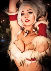 christmas christmas_clothing christmas_outfit cristmas high_resolution highres holidays league_of_legends nidalee painting painting_(artwork) riot_games strapless strapless_top strapless_topwear tubetop white_hair