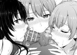 1boy 3girls anilingus anus_lick backsack bar_censor blowjob blue_eyes blue_plate_special blush censored closed_eyes cum_in_mouth erection fellatio female heart-shaped_pupils inanaki_shiki isshiki_iroha long_hair male male_anilingus male_anus monochrome multiple_girls my_teen_romantic_comedy_snafu penis prostate_stimulation rimjob rimming short_hair sucking testicles threesome tongue_in_anus yuigahama_yui yukinoshita_yukino