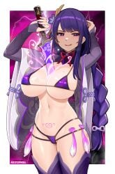 1girls big_breasts blush braided_hair breasts condom condom_belt female female_only filled_condom genshin_impact legwear light_skin long_hair micro_bikini pubic_tattoo purple_hair raiden_shogun rezodwel solo standing sword tattoo thighhighs thighs thong used_condom